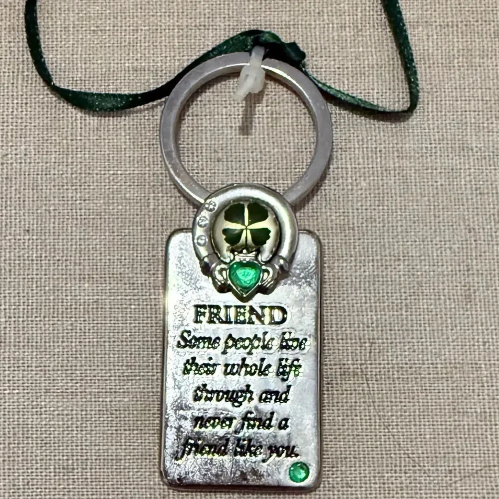 Lucky Irish Friend Keychain with Real Four Leaf Clover & Green Gemstones